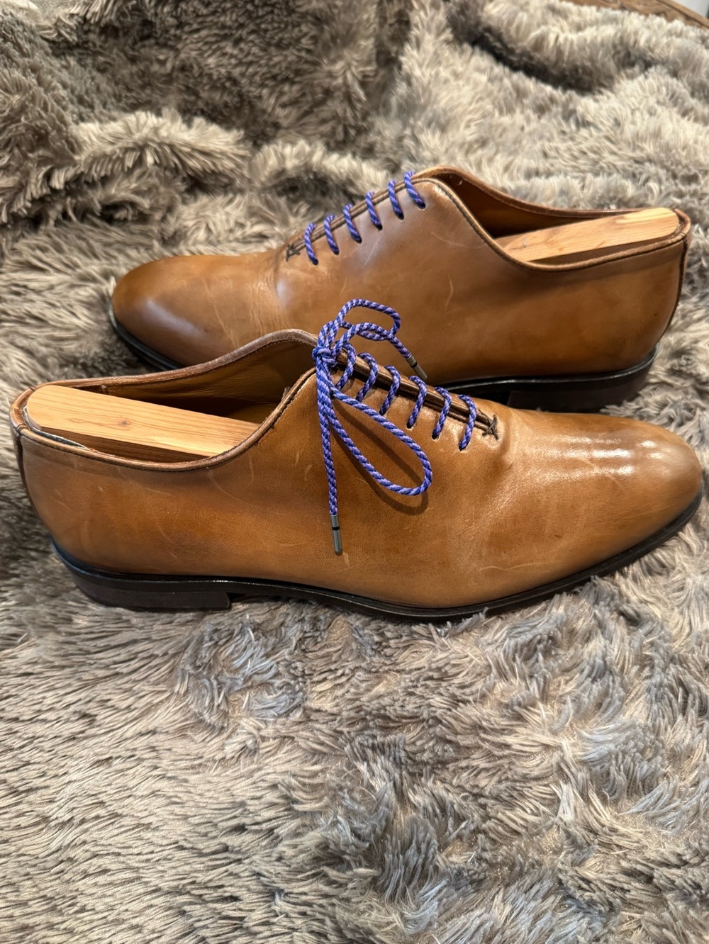 Men's Tan Leather Derby Shoes with Blue/Purple Laces by CUOIO. Made in Italy - Picture 9 of 14